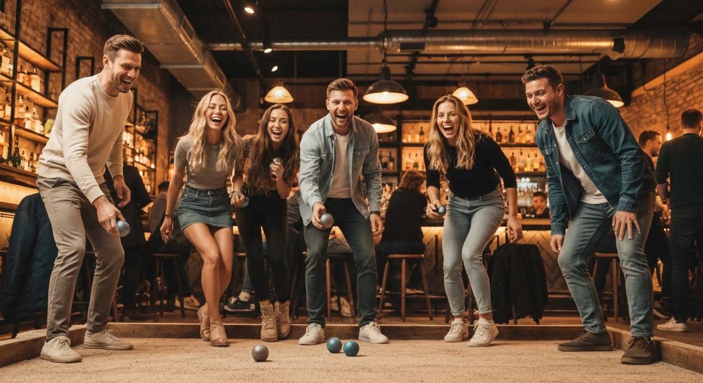 En gruppe menn og kvinner som har det gøy mens de spiller Petanque